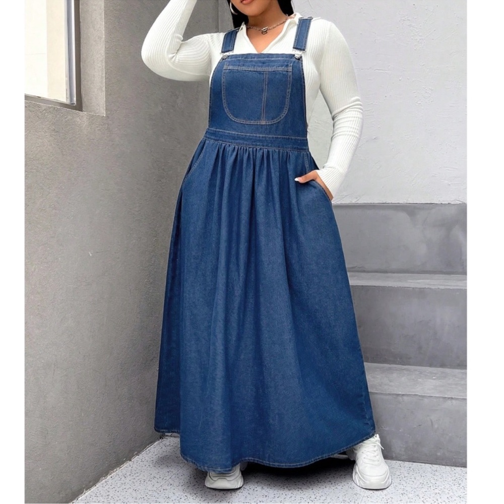 Plus Dark Wash Adjustable Straps Denim Overall Maxi Dress 1X 2X 3X 4X